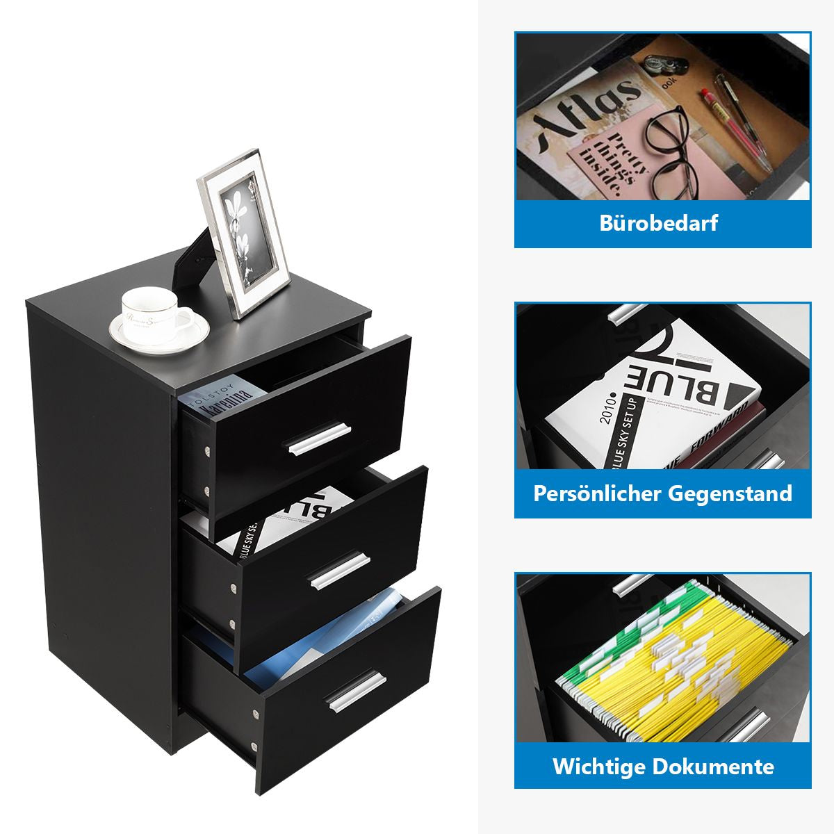 2Er Set Nachttisch Mit 3 Schubladen Büroschränke 37 X 34 X 66,5 Cm Schwarz