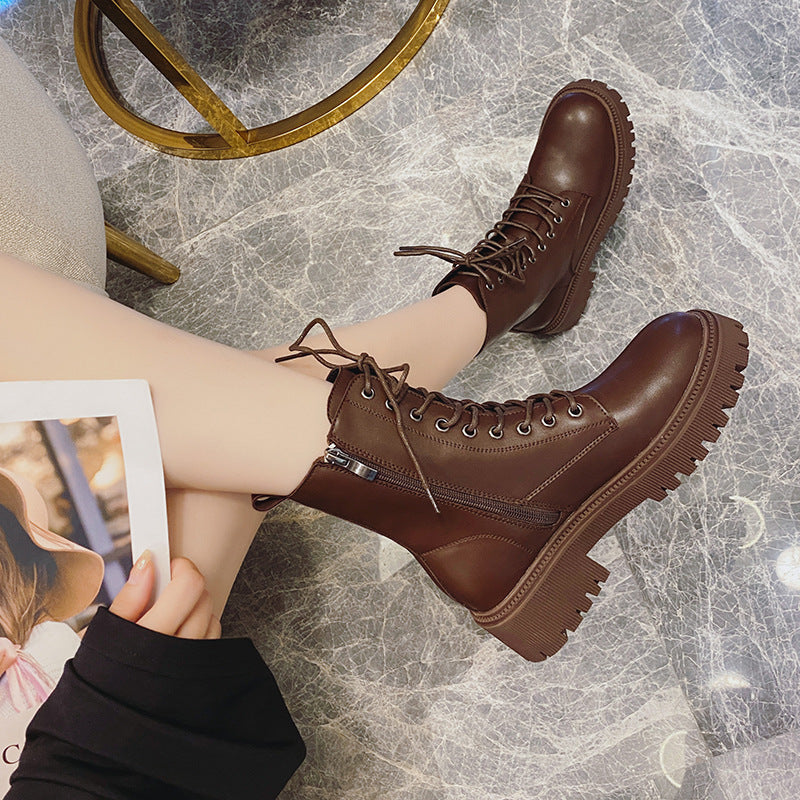 Thin Side Zip Platform Thick Heel British Fan Boots for Women