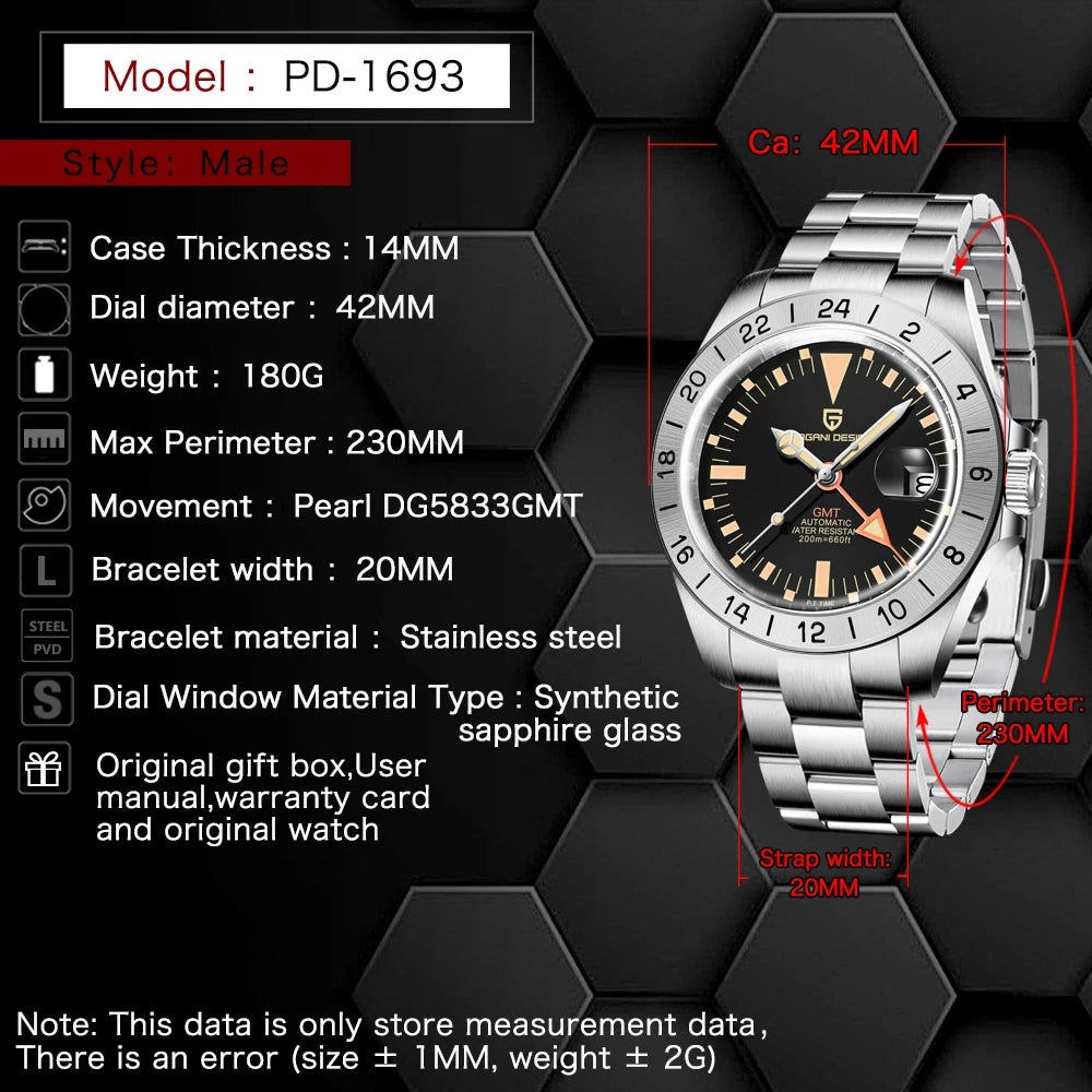 2026 New PAGANI DESIGN GMT Men Automatic Mechanical Watch Classic Retro Watch Stainless Steel 200M Waterproof Clock Reloj Hombre