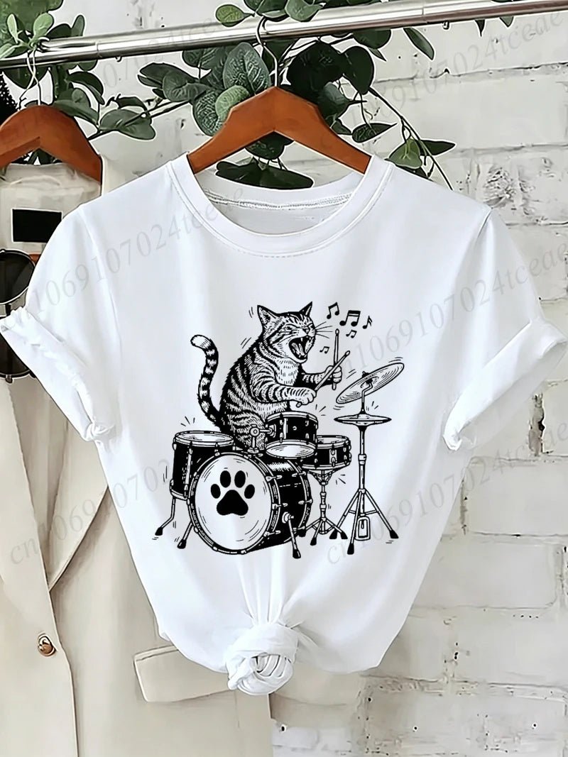 Drummer Cat Graphic T-Shirt
