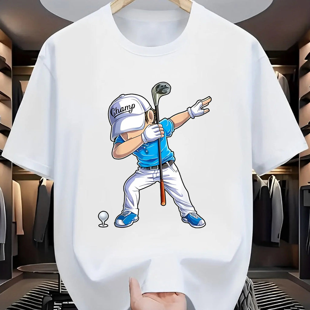 Men's Summer 100_ Cotton Fashion Sports Leisure Loose Golf Player Pattern Printed Round Neck Short Sleeve T-shirt Top Unisex