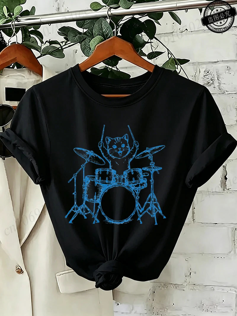 Drummer Cat Graphic T-Shirt