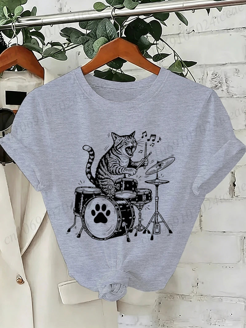 Drummer Cat Graphic T-Shirt