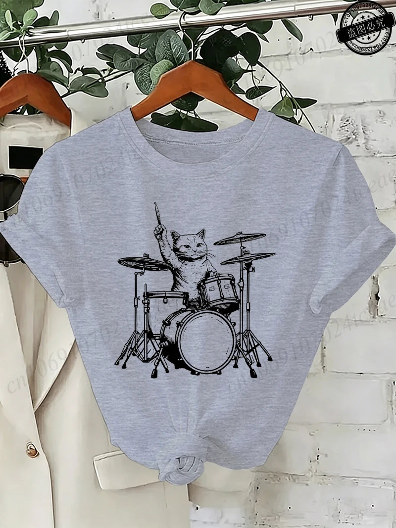 Drummer Cat Graphic T-Shirt