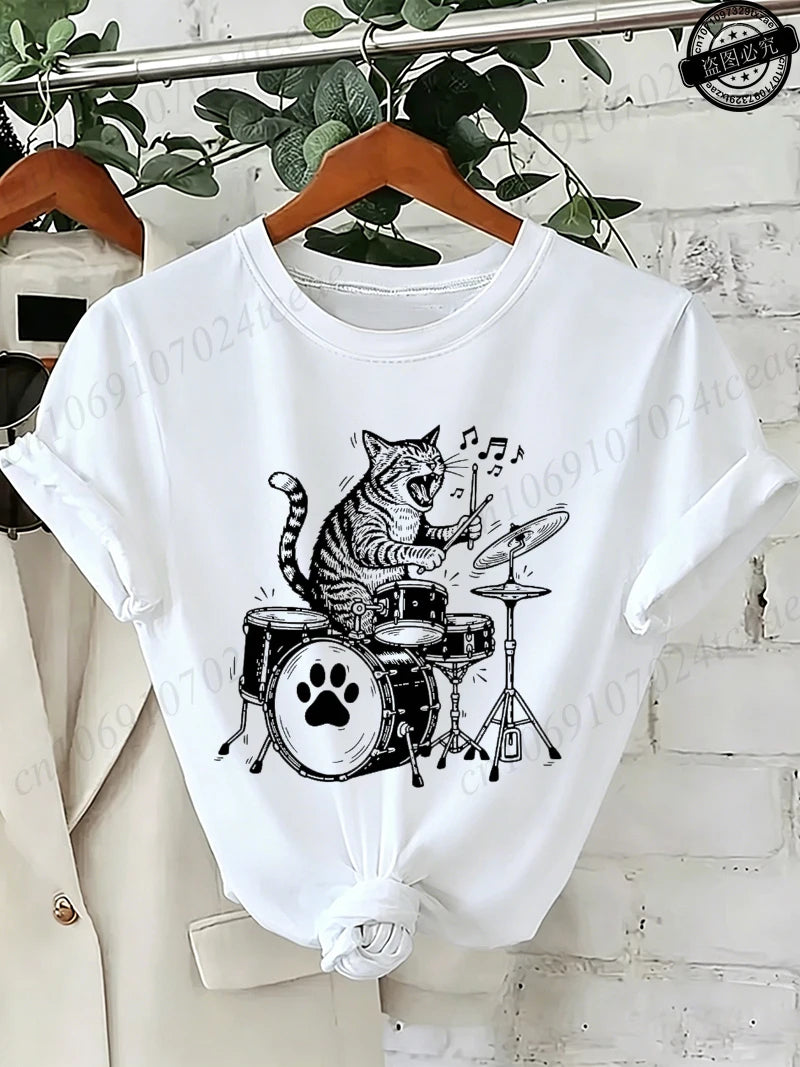 Drummer Cat Graphic T-Shirt