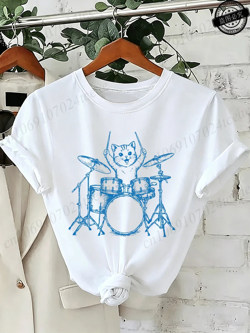 Drummer Cat Graphic T-Shirt