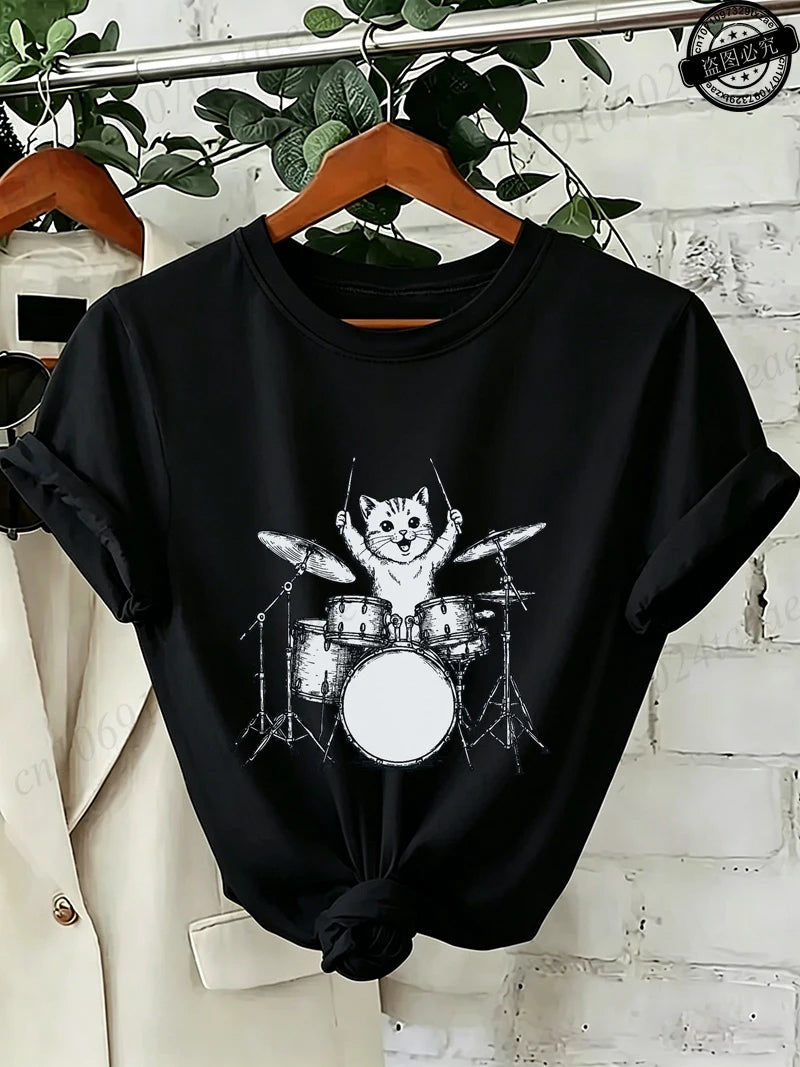 Drummer Cat Graphic T-Shirt