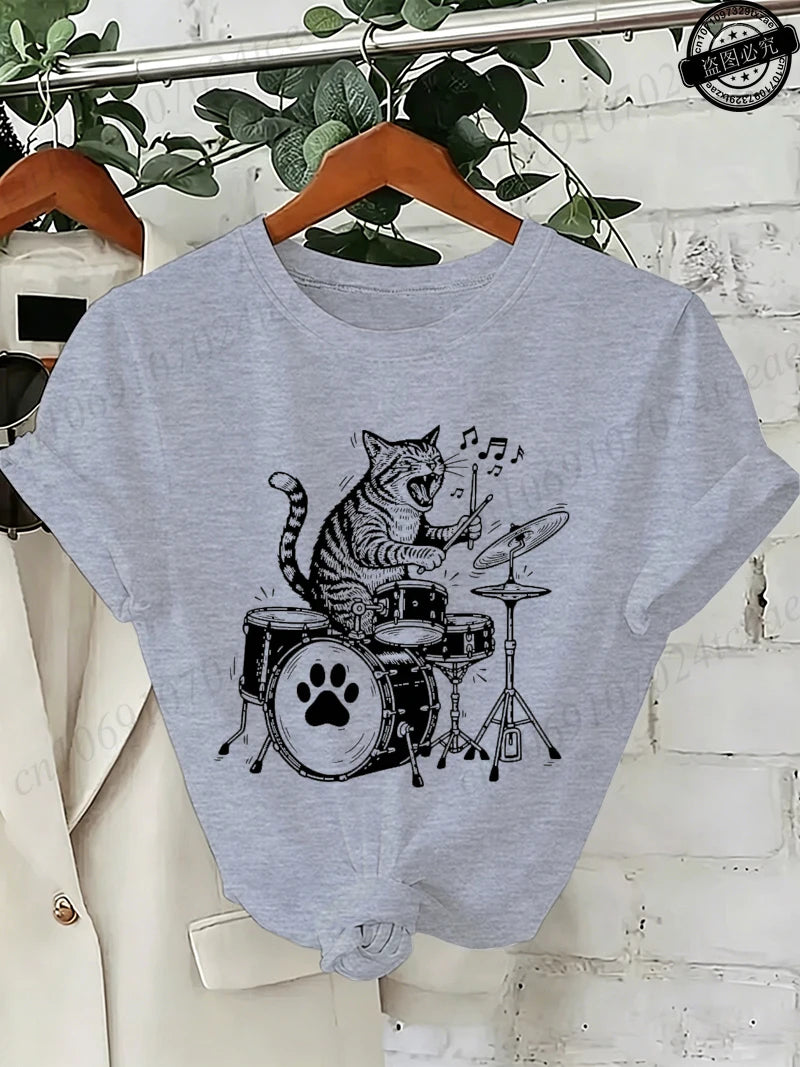 Drummer Cat Graphic T-Shirt