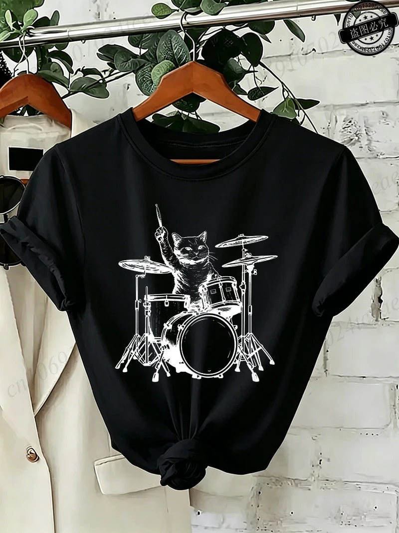 Drummer Cat Graphic T-Shirt