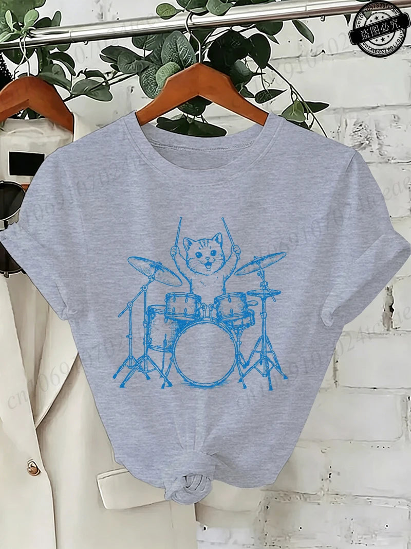 Drummer Cat Graphic T-Shirt