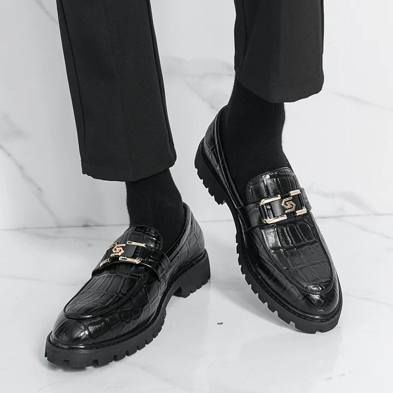 STRONGSHEN Men Leather Shoes Platform Loafers Thick-soled Patent Leather Wedding Shoes Formal Business Shoes Slip-on Casual Shoe