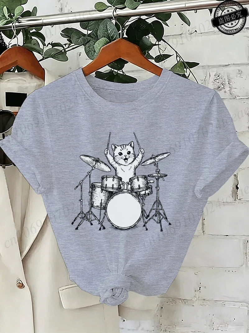 Drummer Cat Graphic T-Shirt