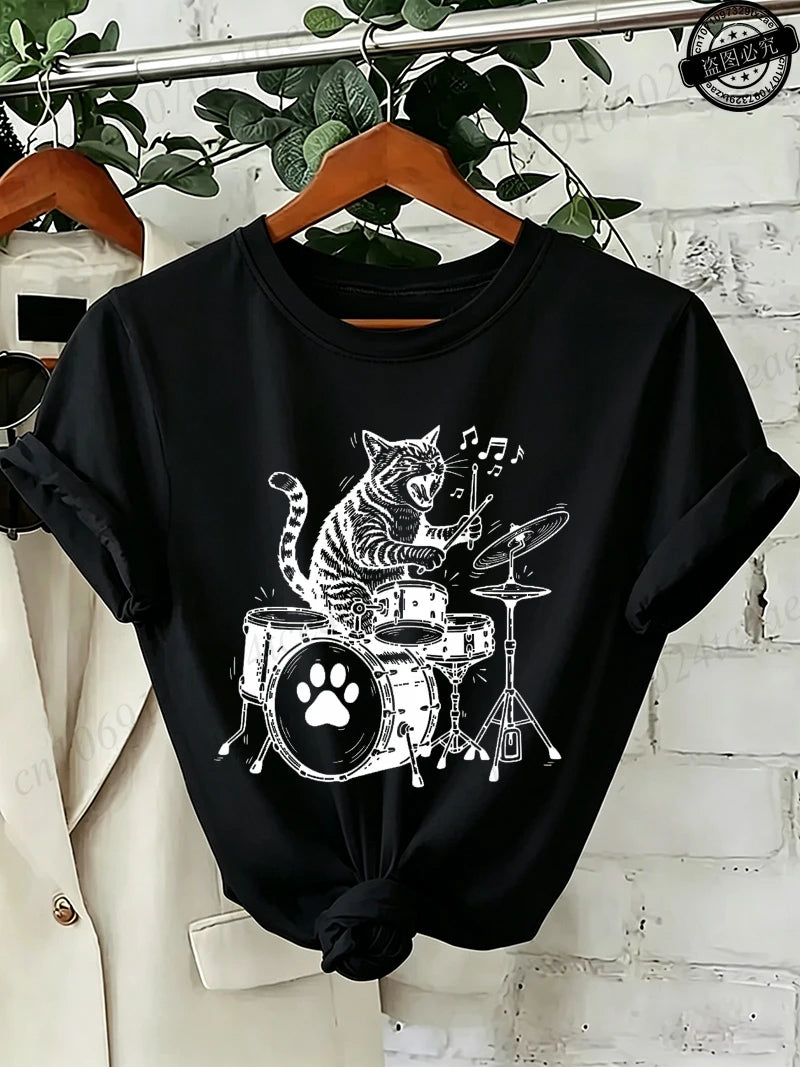 Drummer Cat Graphic T-Shirt