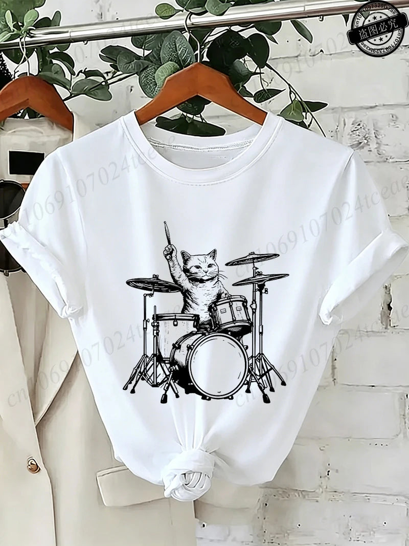 Drummer Cat Graphic T-Shirt