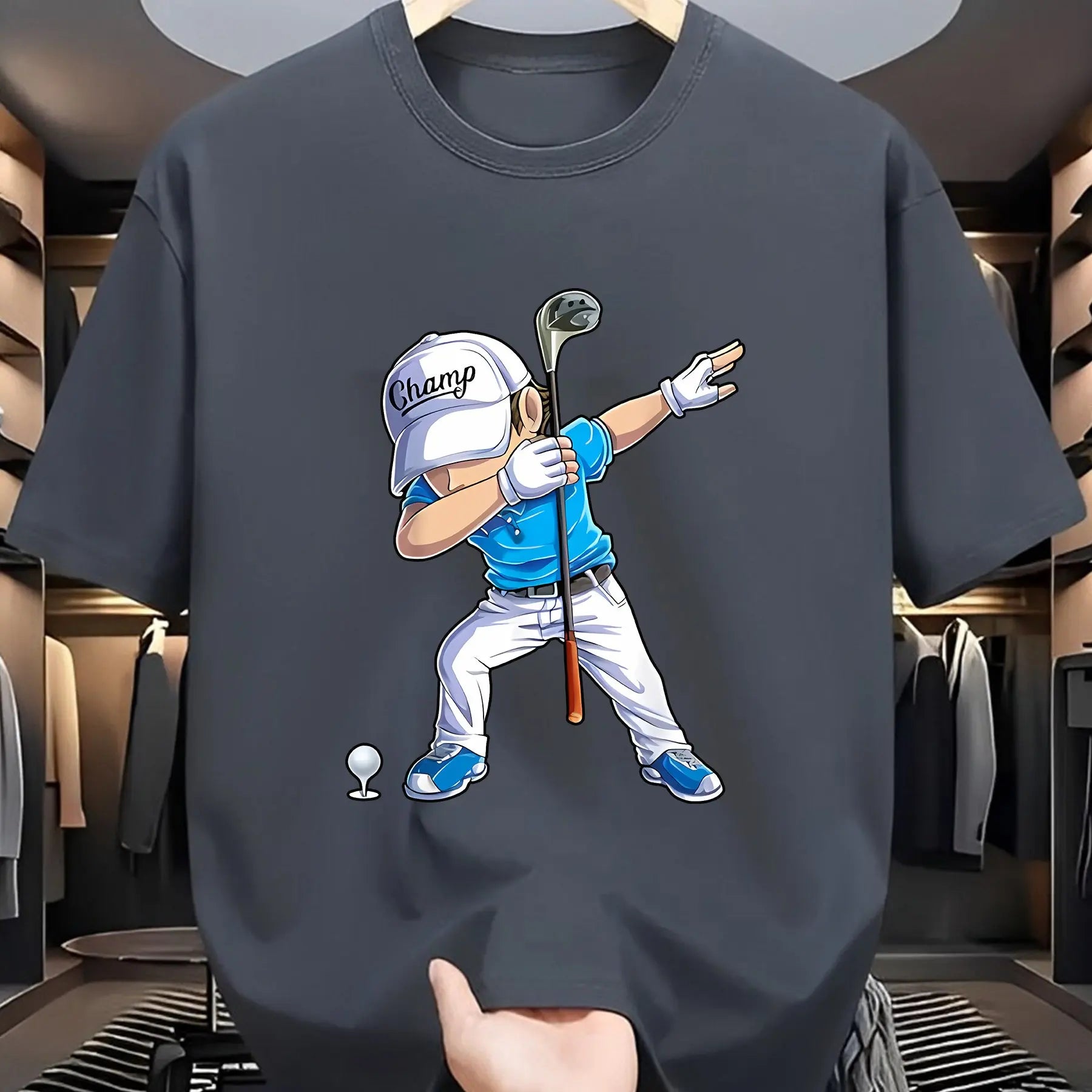 Men's Summer 100_ Cotton Fashion Sports Leisure Loose Golf Player Pattern Printed Round Neck Short Sleeve T-shirt Top Unisex