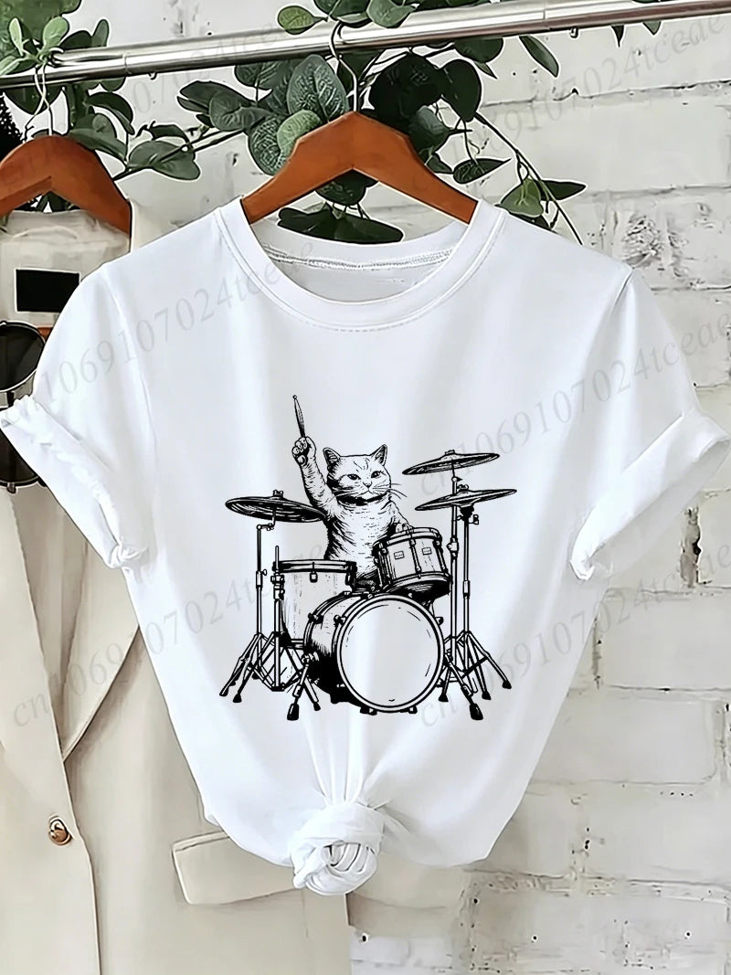 Drummer Cat Graphic T-Shirt