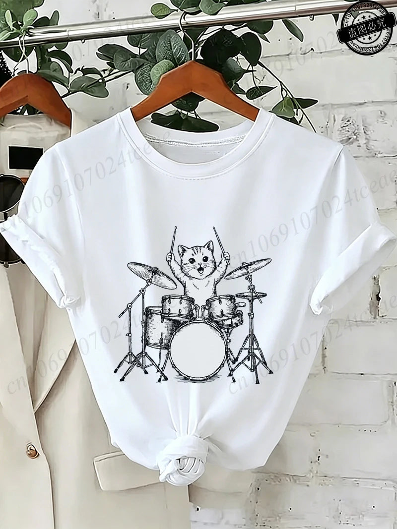 Drummer Cat Graphic T-Shirt