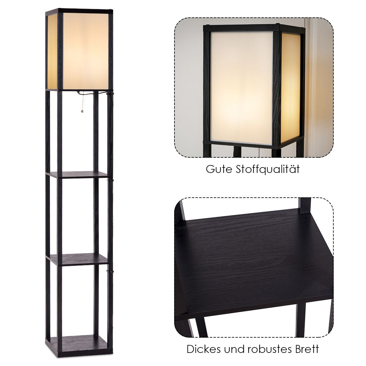 3-Ebene Standleuchte Regal Moderne Stehlampe Bodenlampe 26 X 26 X 160 Cm Schwarz