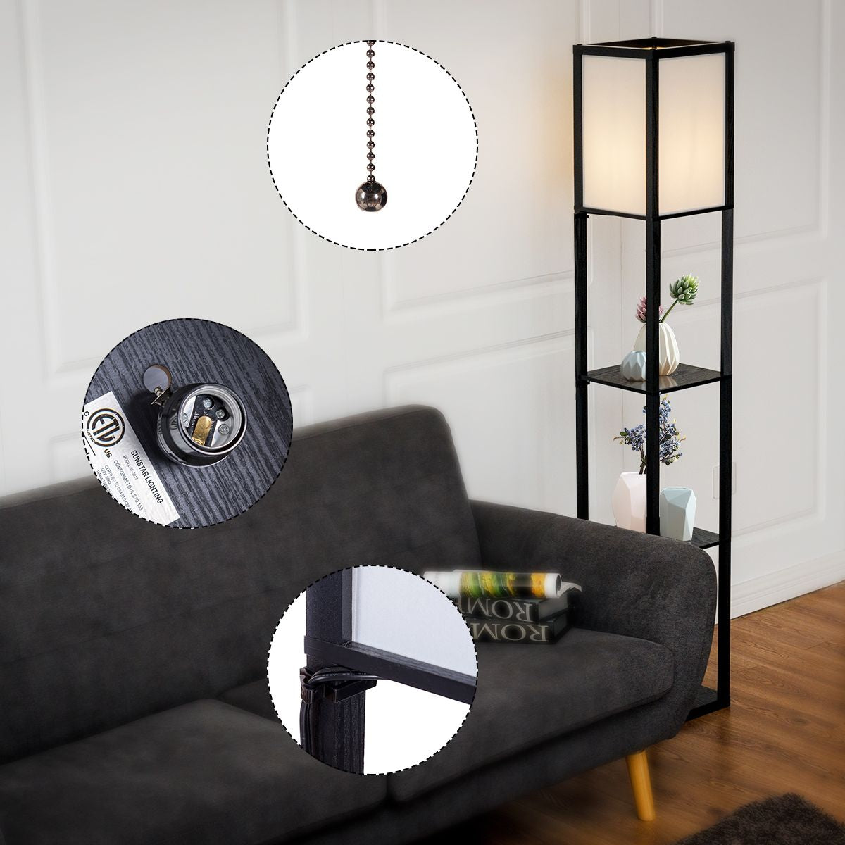 3-Ebene Standleuchte Regal Moderne Stehlampe Bodenlampe 26 X 26 X 160 Cm Schwarz