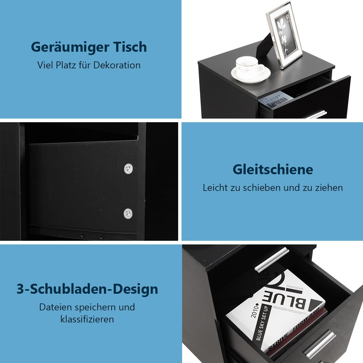 2Er Set Nachttisch Mit 3 Schubladen Büroschränke 37 X 34 X 66,5 Cm Schwarz