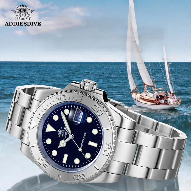 Men'S Quartz Watch 200M Waterproof Ceramic Bezel Steel Watch Magnifying Mirror Glass BGW9 Blue Luminous Diving Watch