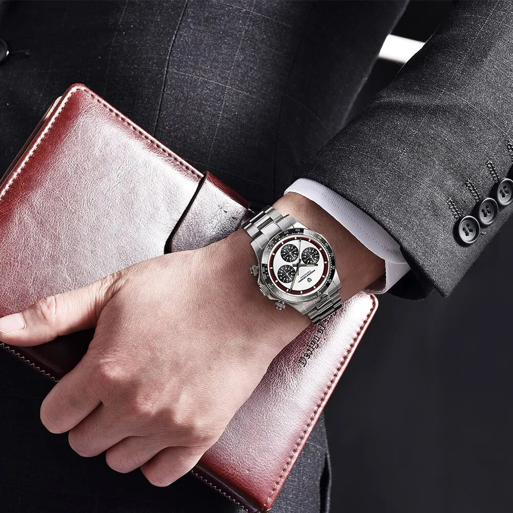 2026  New Men Quartz Wristwatch Fashion Ceramic Bezel Chronograph Stopwatch Waterproof 100M Stainless Watch for Men