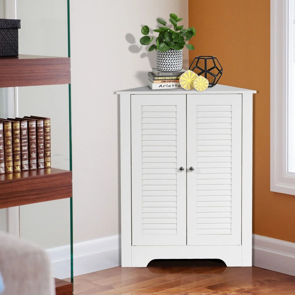 Eckschrank Mit Lamellentür & Höhenverstellbarem Regal Platzsparend Badezimmerschrank Weiß