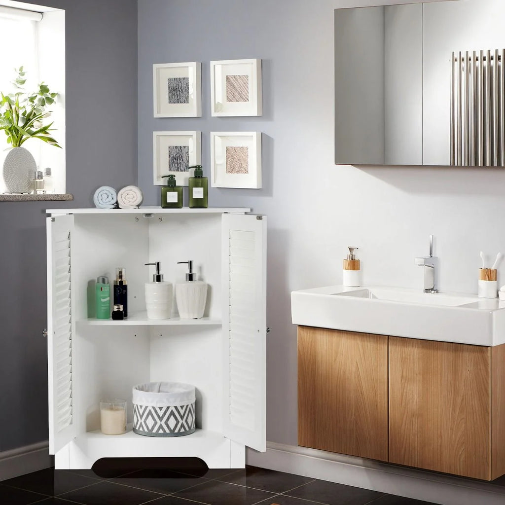 Eckschrank Mit Lamellentür & Höhenverstellbarem Regal Platzsparend Badezimmerschrank Weiß